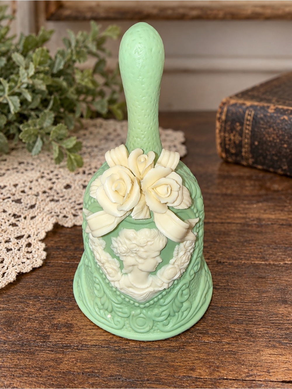 Vintage Green Cameo Lady Bell Applied Roses Floral Victorian Style Collectible